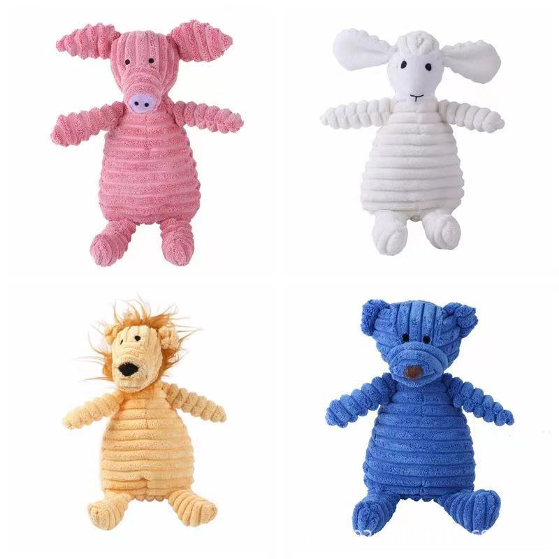 Four plush toys in different colors on a white background