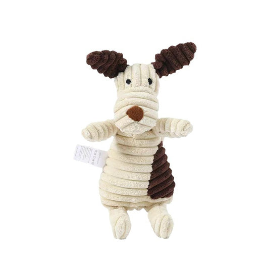 Dog toy with a plush body and brown accents on a white background