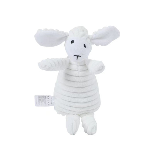 White plush toy with black eyes and a black nose on a white background
