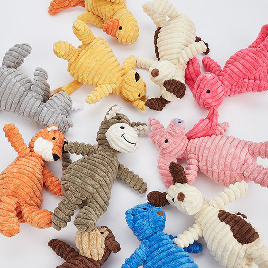 Assorted colorful dog toys on a white background